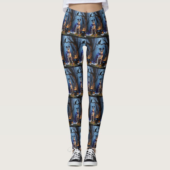 Blue Heeler Dog Whimsical Halloween Painting Leggings (Front)