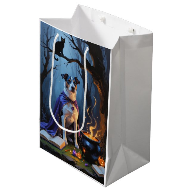 Blue Heeler Dog Whimsical Halloween Painting Medium Gift Bag (Front Angled)