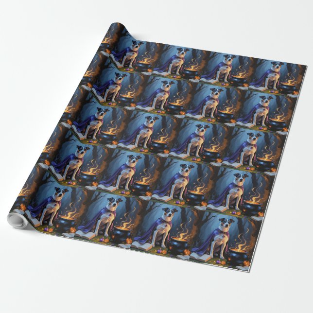 Blue Heeler Dog Whimsical Halloween Painting Wrapping Paper (Unrolled)