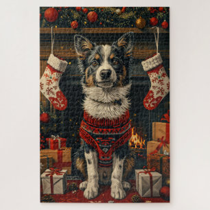 Blue Heeler Dog with Christmas Gifts Fireplace Jigsaw Puzzle