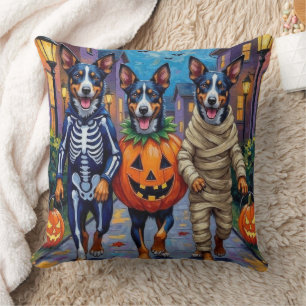 Blue Heeler Dogs Trick-or-Treating in Halloween Co Cushion