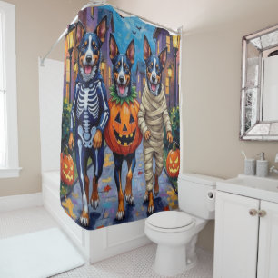 Blue Heeler Dogs Trick-or-Treating in Halloween Co Shower Curtain