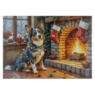 Blue Heeler Fireplace with Christmas Lights Cutting Board