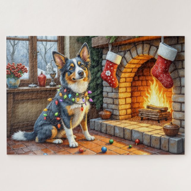 Blue Heeler Fireplace with Christmas Lights Jigsaw Puzzle (Horizontal)