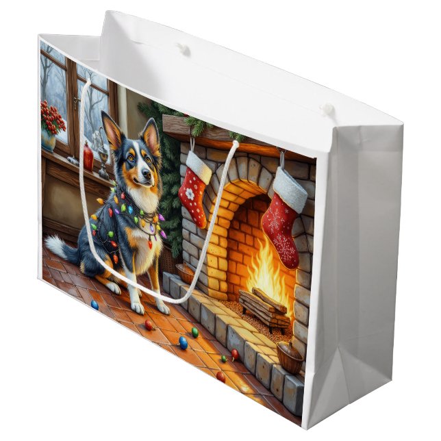 Blue Heeler Fireplace with Christmas Lights Large Gift Bag (Front Angled)