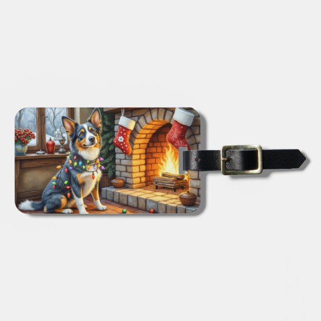 Blue Heeler Fireplace with Christmas Lights Luggage Tag (Front Horizontal)