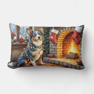 Blue Heeler Fireplace with Christmas Lights Lumbar Cushion