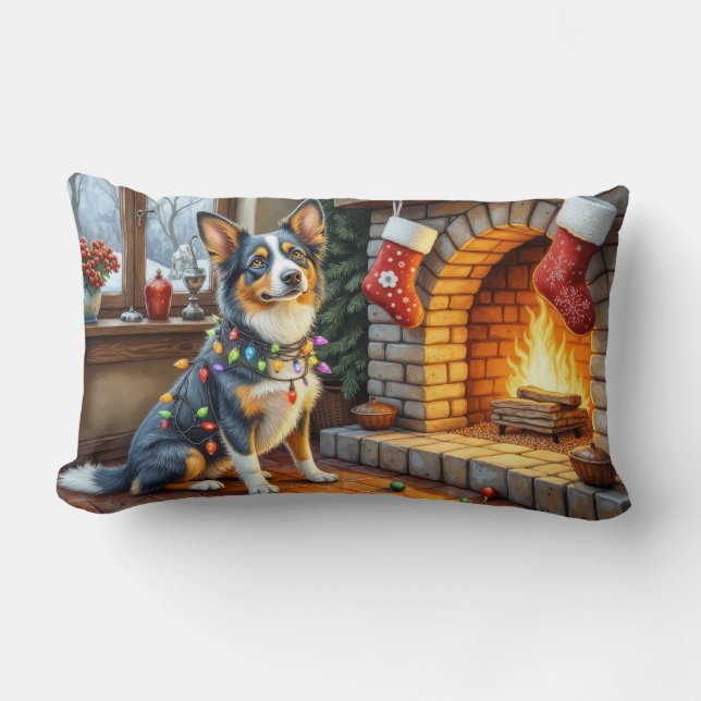 Blue Heeler Fireplace with Christmas Lights Lumbar Cushion (Front)