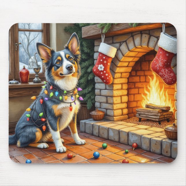 Blue Heeler Fireplace with Christmas Lights Mouse Pad (Front)