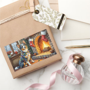 Blue Heeler Fireplace with Christmas Lights Rectangular Sticker