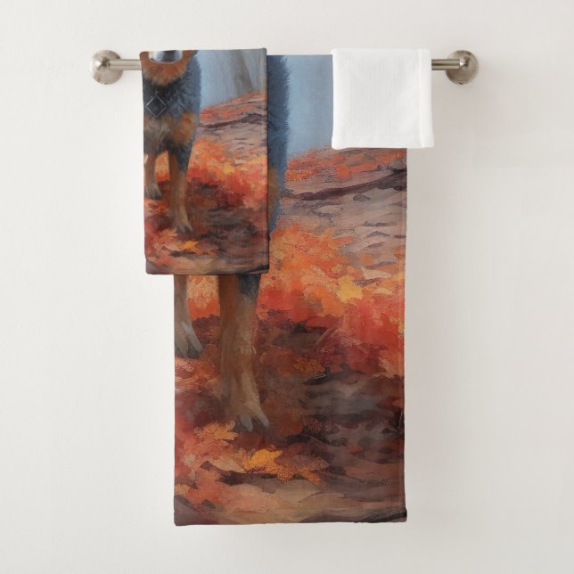 Blue Heeler in Autumn Leaves Fall Inspire Bath Towel Set (Insitu)