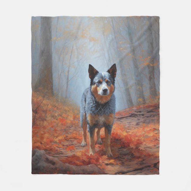 Blue Heeler in Autumn Leaves Fall Inspire Fleece Blanket (Front)