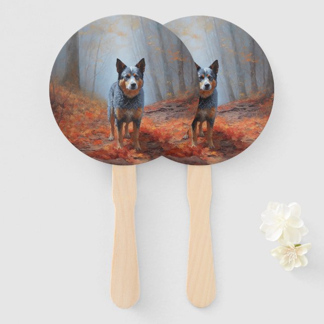 Blue Heeler in Autumn Leaves Fall Inspire Hand Fan (Front and Back)