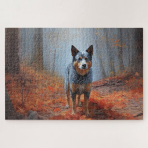 Blue Heeler in Autumn Leaves Fall Inspire Jigsaw Puzzle