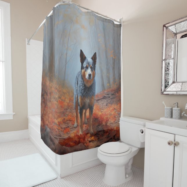 Blue Heeler in Autumn Leaves Fall Inspire Shower Curtain (In Situ)
