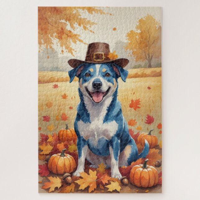 Blue Heeler In Autumn Leaves Thanksgiving Art Jigsaw Puzzle (Vertical)