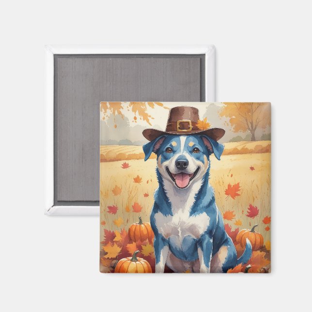 Blue Heeler In Autumn Leaves Thanksgiving Art Magnet (Front/Back)