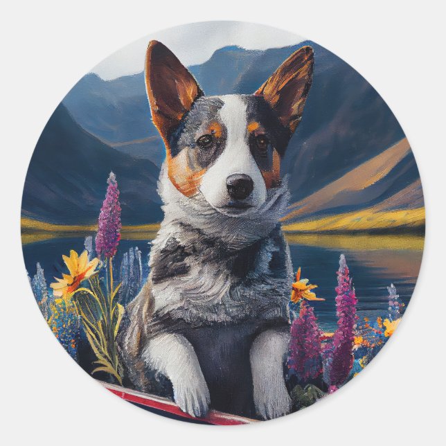 Blue Heeler on a Paddle: A Scenic Adventure Classic Round Sticker (Front)