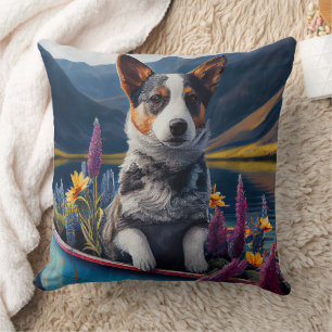 Blue Heeler on a Paddle: A Scenic Adventure Cushion
