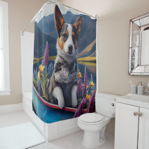 Blue Heeler on a Paddle: A Scenic Adventure Shower Curtain