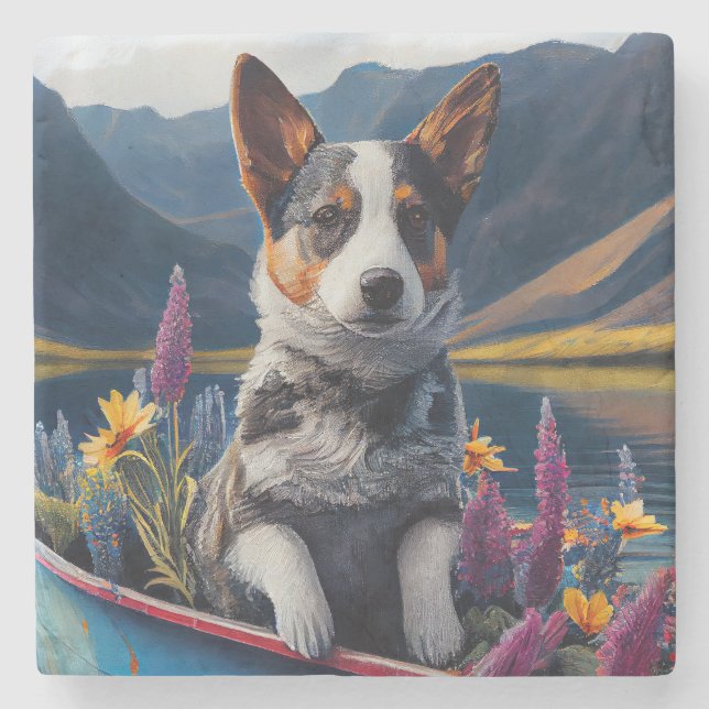 Blue Heeler on a Paddle: A Scenic Adventure Stone Coaster (Front)