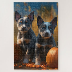Blue Heeler Puppy Autumn Delight Pumpkin Jigsaw Puzzle