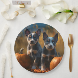 Blue Heeler Puppy Autumn Delight Pumpkin Paper Plate
