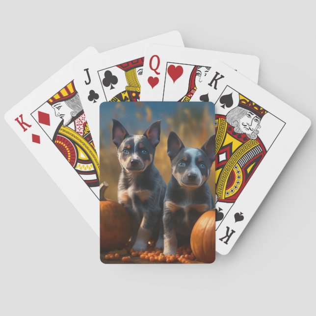 Blue Heeler Puppy Autumn Delight Pumpkin Playing Cards (Back)