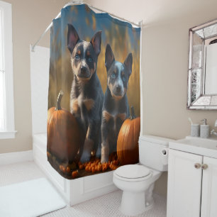 Blue Heeler Puppy Autumn Delight Pumpkin Shower Curtain