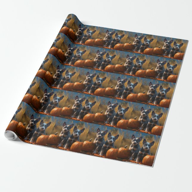 Blue Heeler Puppy Autumn Delight Pumpkin Wrapping Paper (Unrolled)