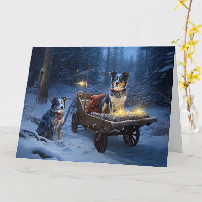 Blue Heeler Snowy Sleigh Christmas Decor  Card (Yellow Flower)