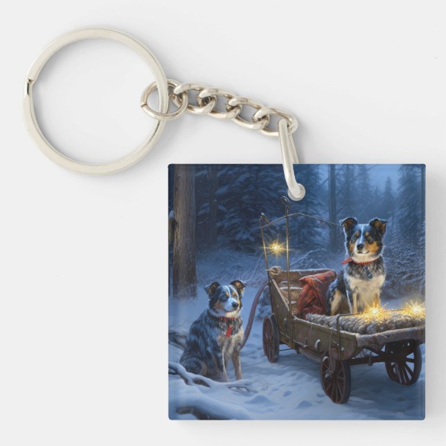 Blue Heeler Snowy Sleigh Christmas Decor  Key Ring (Front)