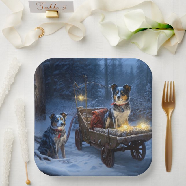 Blue Heeler Snowy Sleigh Christmas Decor  Paper Plate (Wedding)