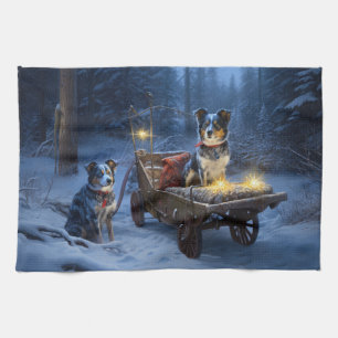 Blue Heeler Snowy Sleigh Christmas Decor  Tea Towel