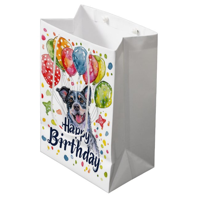 Blue Heeler with Balloons Medium Gift Bag (Front Angled)
