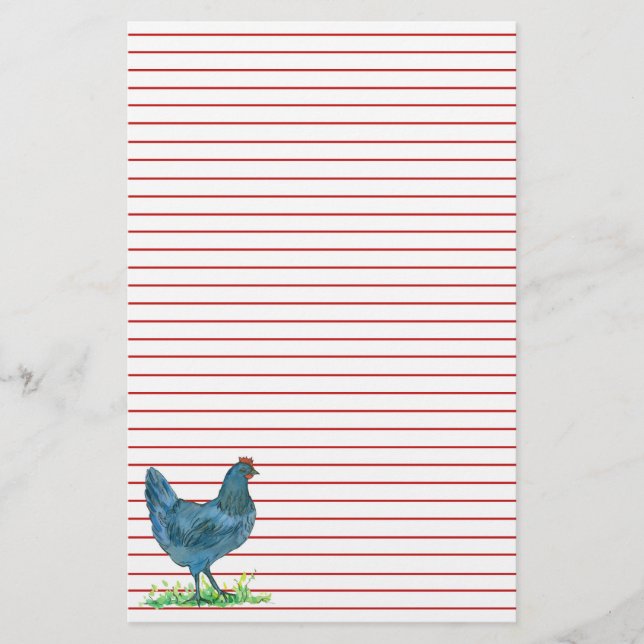 Blue Hen Chicken Watercolor Red Lined Stationery (Front)