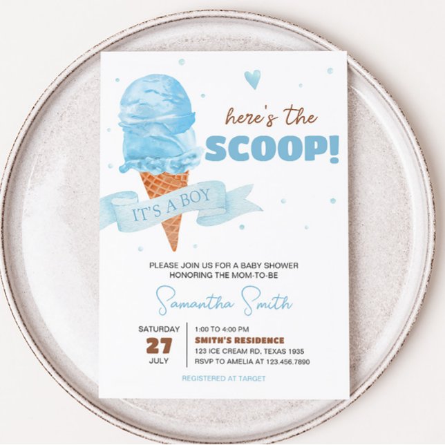 Blue Here's the Scoop Baby Shower Invitation (Boy Ice Cream Baby Shower Invitation)