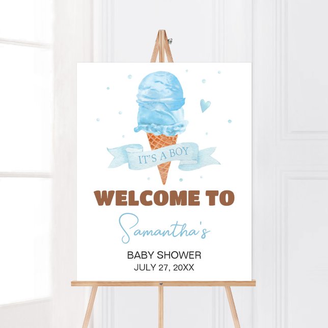 Blue Here's the Scoop Baby Shower Welcome Poster (Boy Ice Cream Baby Shower Welcome Sign)