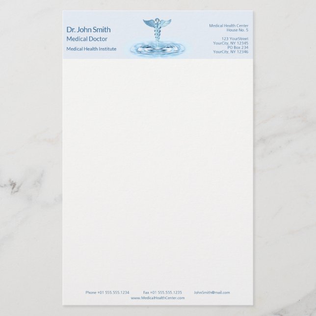 Blue Hermes Rod Caduceus Water Ripples Medical Stationery (Front)