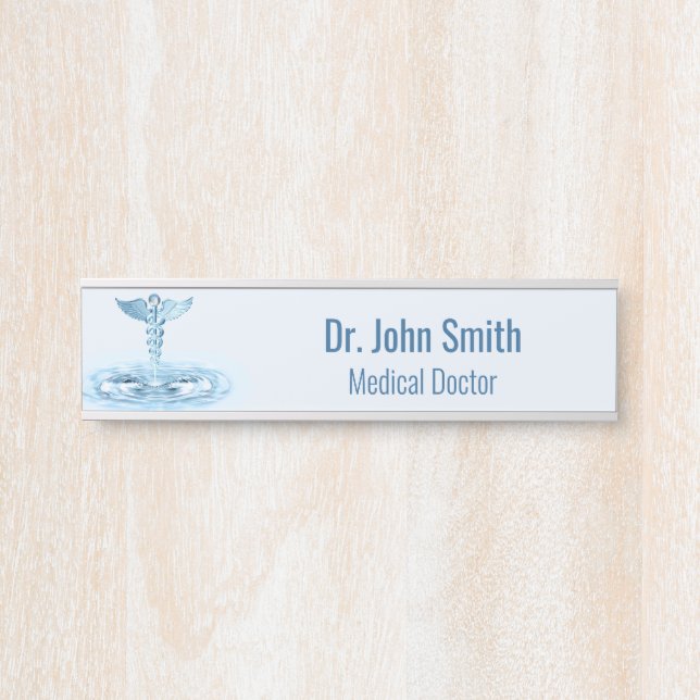 Blue Hermes Rod Water Ripples Caduceus Medical Door Sign (Front)