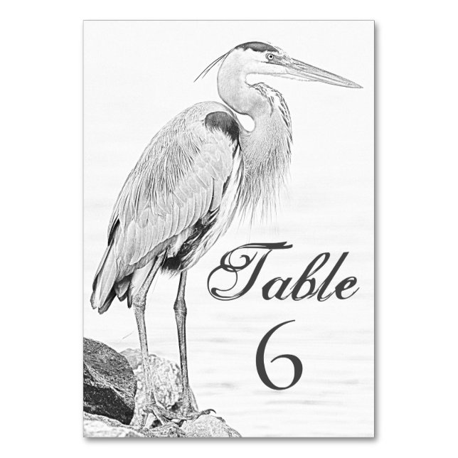 Blue Heron and Rocks, Water Bird Sketch Wedding Table Number (Front)