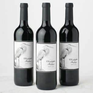 Blue Heron and Rocks, Water Bird Sketch Wedding Wine Label