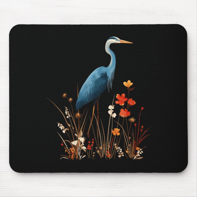 Blue Heron Floral Wildflower Bird Watching Mouse Pad (Front)