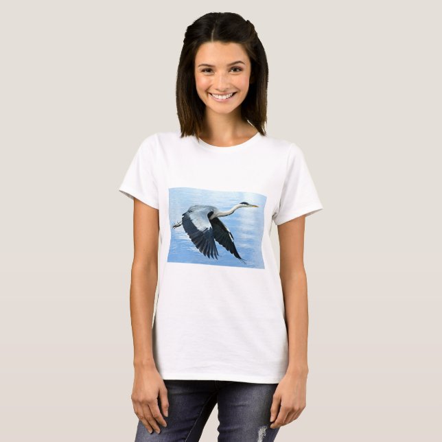 Blue Heron in Flight Over Water T-Shirt (Front Full)