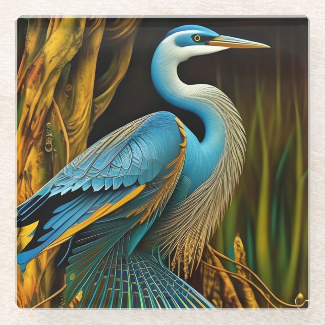 Blue Heron in Reeds  Glass Coaster (Front)