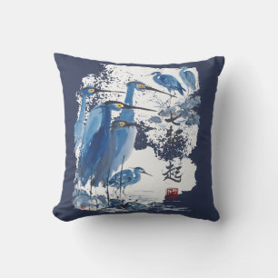 Blue Heron Japanese Ink Wash Bird Nature Cushion
