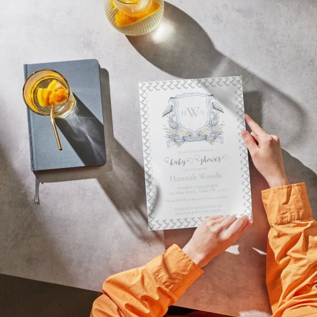 Blue Heron Monogram Baby Shower Invitation (Creator Uploaded)