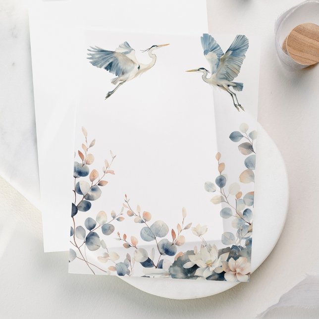 Blue Heron Pastel Leaves Wedding Vellum Invitations (Creator Uploaded)