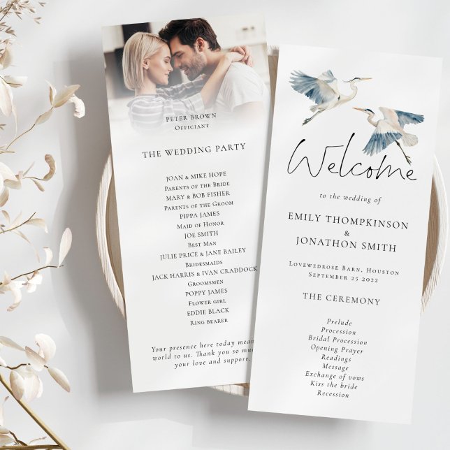Blue Heron Photo Overlay Script Wedding Programme (Front and back view)
