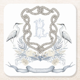Blue Heron Rope Monogram Crest Square Paper Coaster